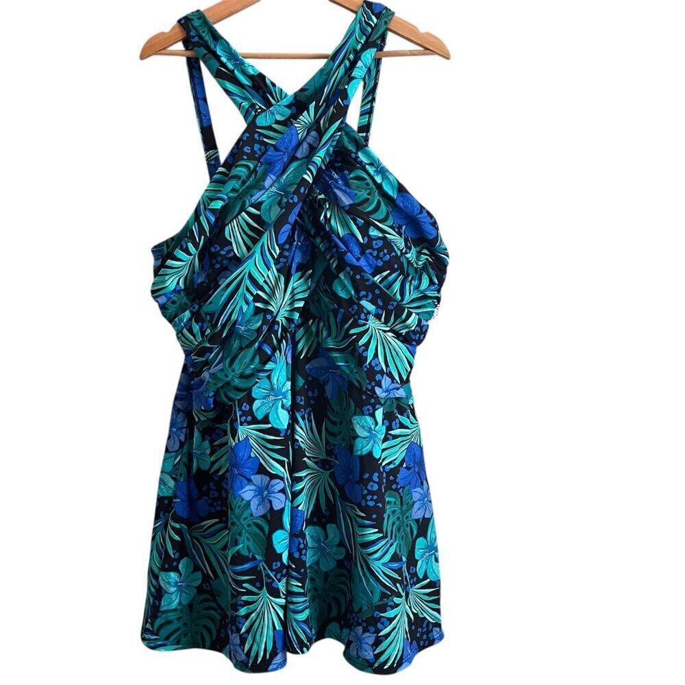 Swimsuits For All 24W Tropical Floral Swim Dress One Piece Skirted Twist Front